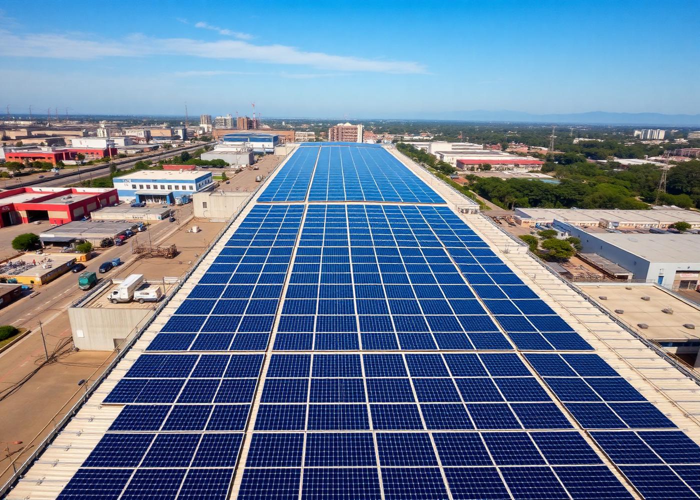 Telhado industrial coberto por painéis solares fotovoltaicos em São Paulo